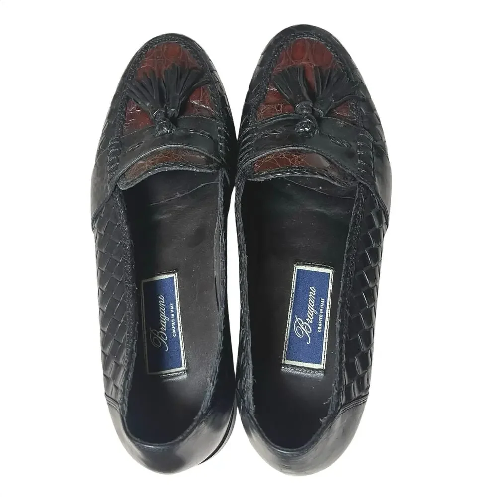 Bragano Crocodile Woven Leather Tassel Loafers Black/Brown Made In Italy 10.5 N